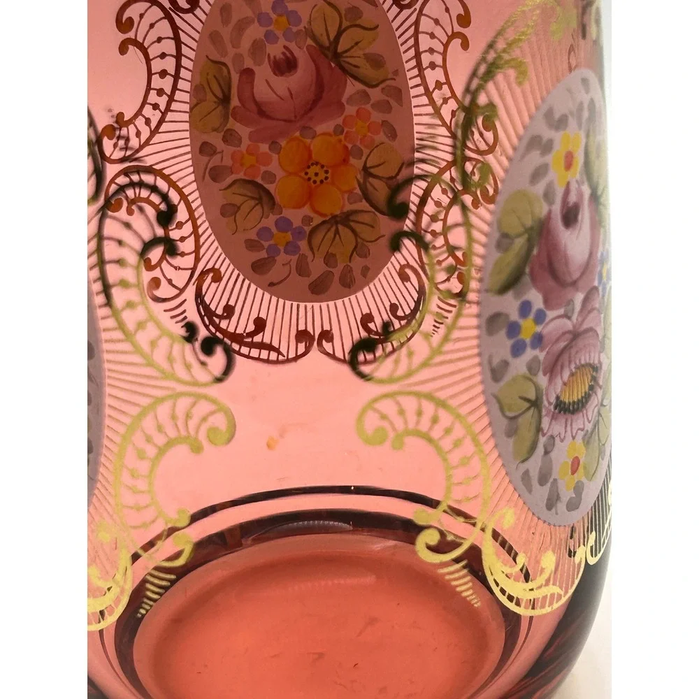 Vintage Bohemian‎ Cranberry Glass Vase Hand Painted Enamel Gold Czech Crystalex
